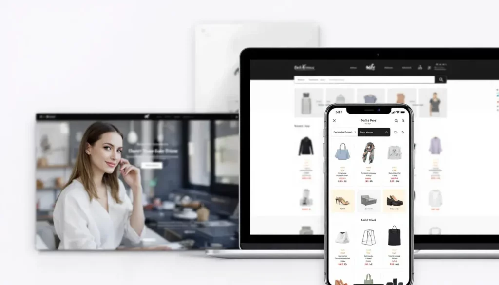 A professional ecommerce website is showcased on both desktop and mobile devices, displaying a variety of products such as t-shirts, with user-friendly navigation and high-quality images. This online store highlights the importance of mobile responsiveness and offers a seamless customer journey for effective online sales.