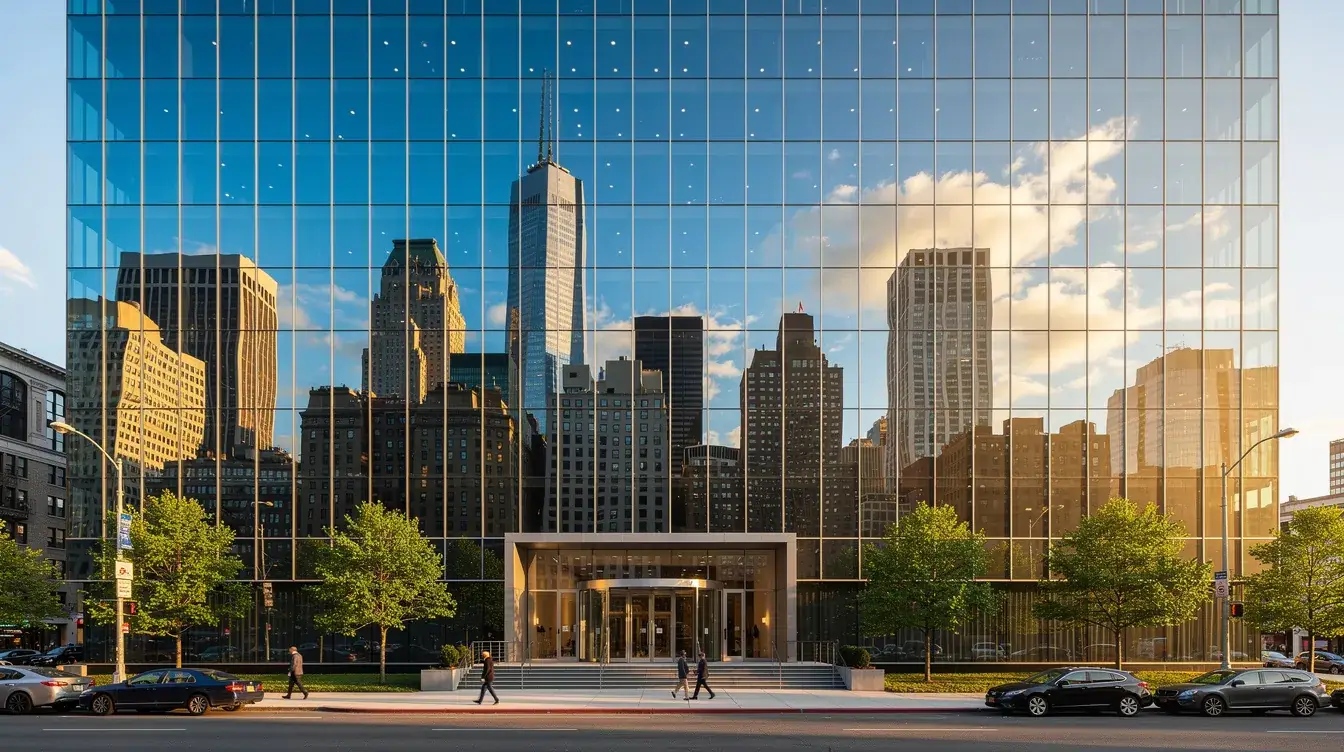 A modern office building features a sleek glass facade that reflects the surrounding city skyline, embodying a professional design ideal for corporate business environments. This architectural style enhances the brand identity of the company, showcasing its commitment to innovation and user engagement.