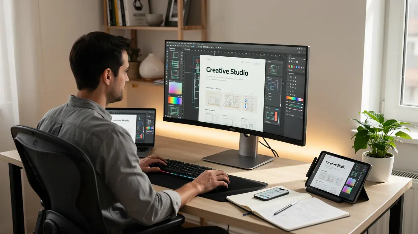 A professional freelance web designer is focused on web design projects at a modern desk setup, showcasing a sleek workspace with a computer and design tools. This image highlights the importance of effective website design services for businesses looking to enhance their online presence.