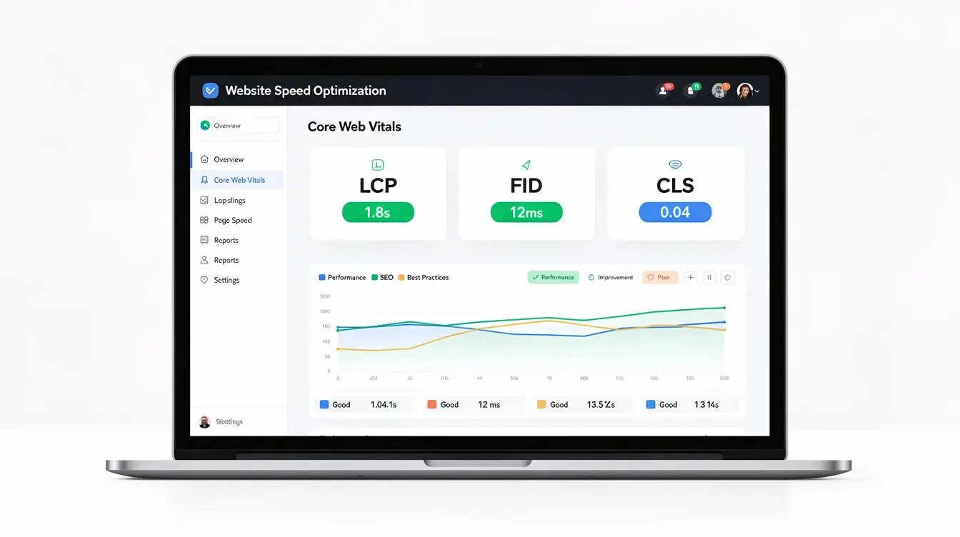 The image depicts a website speed optimization dashboard showcasing Core Web Vitals metrics, highlighting key performance indicators like page load times and website's loading=