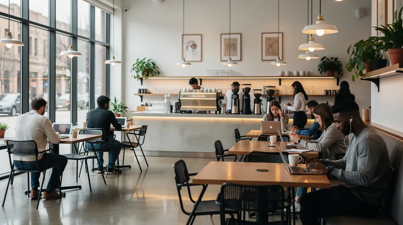 The image depicts a modern café interior bustling with customers who are focused on their laptops and phones, creating a vibrant atmosphere for productivity. This setting is ideal for local businesses in Johor Bahru looking to enhance their online visibility through effective SEO strategies and services.