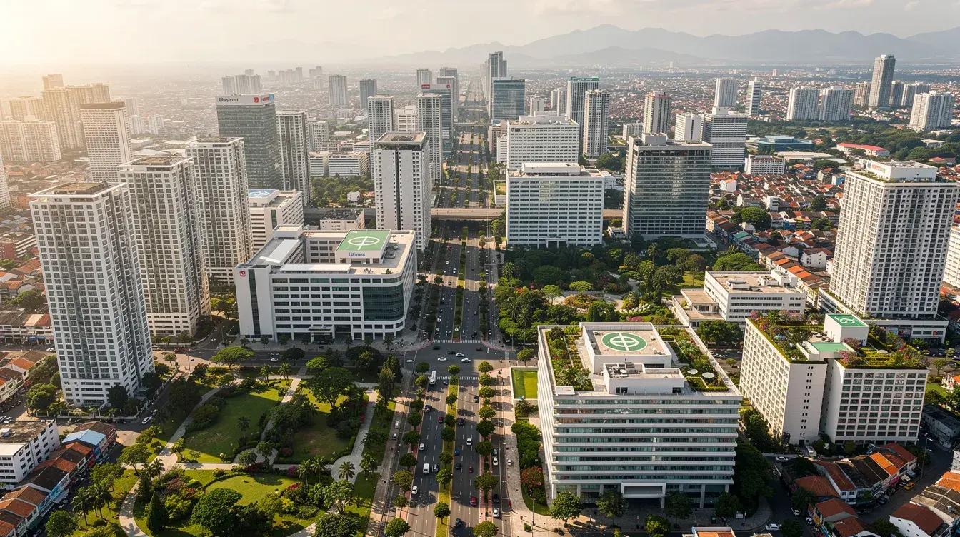 An aerial view showcases a modern Southeast Asian city, highlighting green spaces interspersed with sleek clinical buildings, which likely house various healthcare services, including dental clinics. The image reflects a commitment to well-being and advanced technology in healthcare, promoting a healthy community in Malaysia.