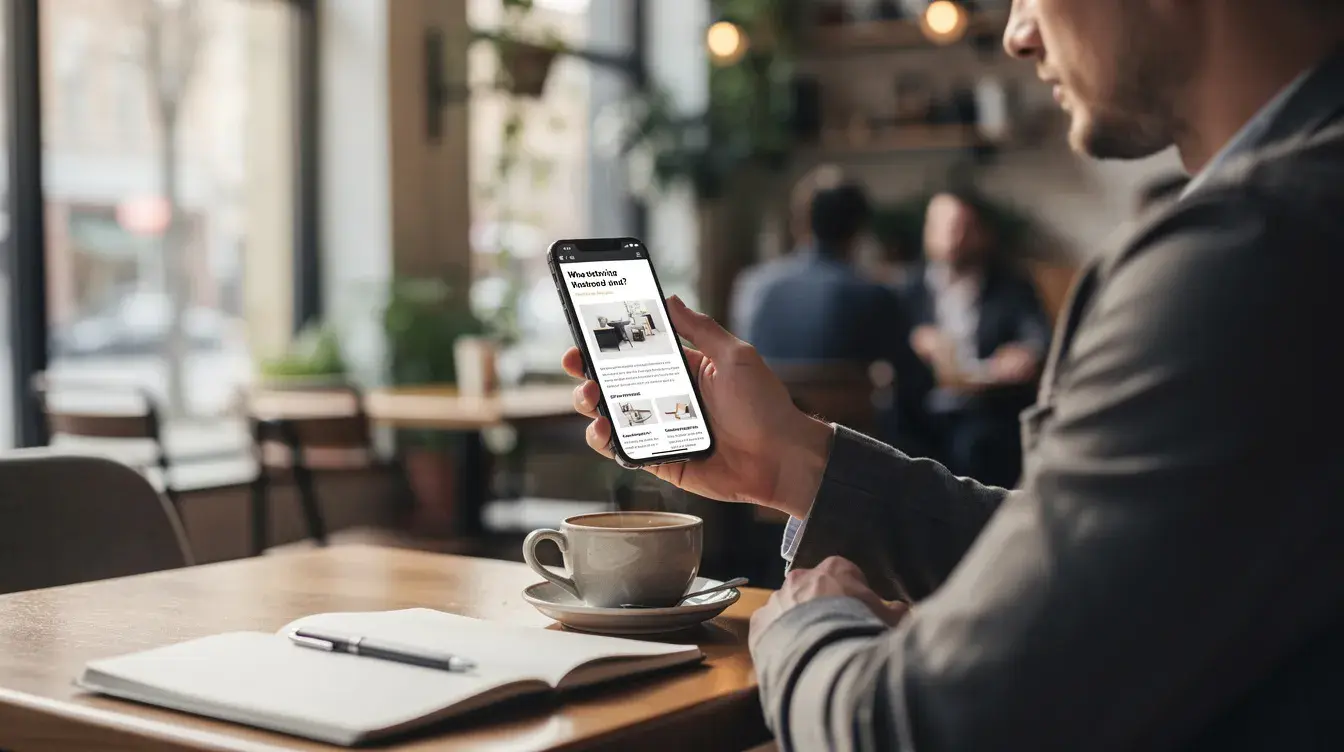A person is sitting at a cafe table, browsing a modern responsive website on their smartphone, showcasing the latest in web design and digital marketing. The scene highlights the convenience of accessing quality web design services from a Johor Bahru web design company while enjoying a coffee.