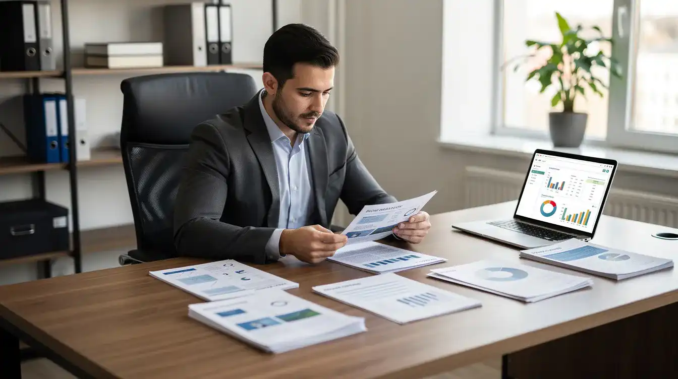 The image shows a business owner sitting at a desk, reviewing various documents and comparing proposals while using a laptop. This scene reflects the process of selecting the right web design company in Johor Bahru, emphasizing the importance of careful planning and evaluation in choosing web design services for a professional site.