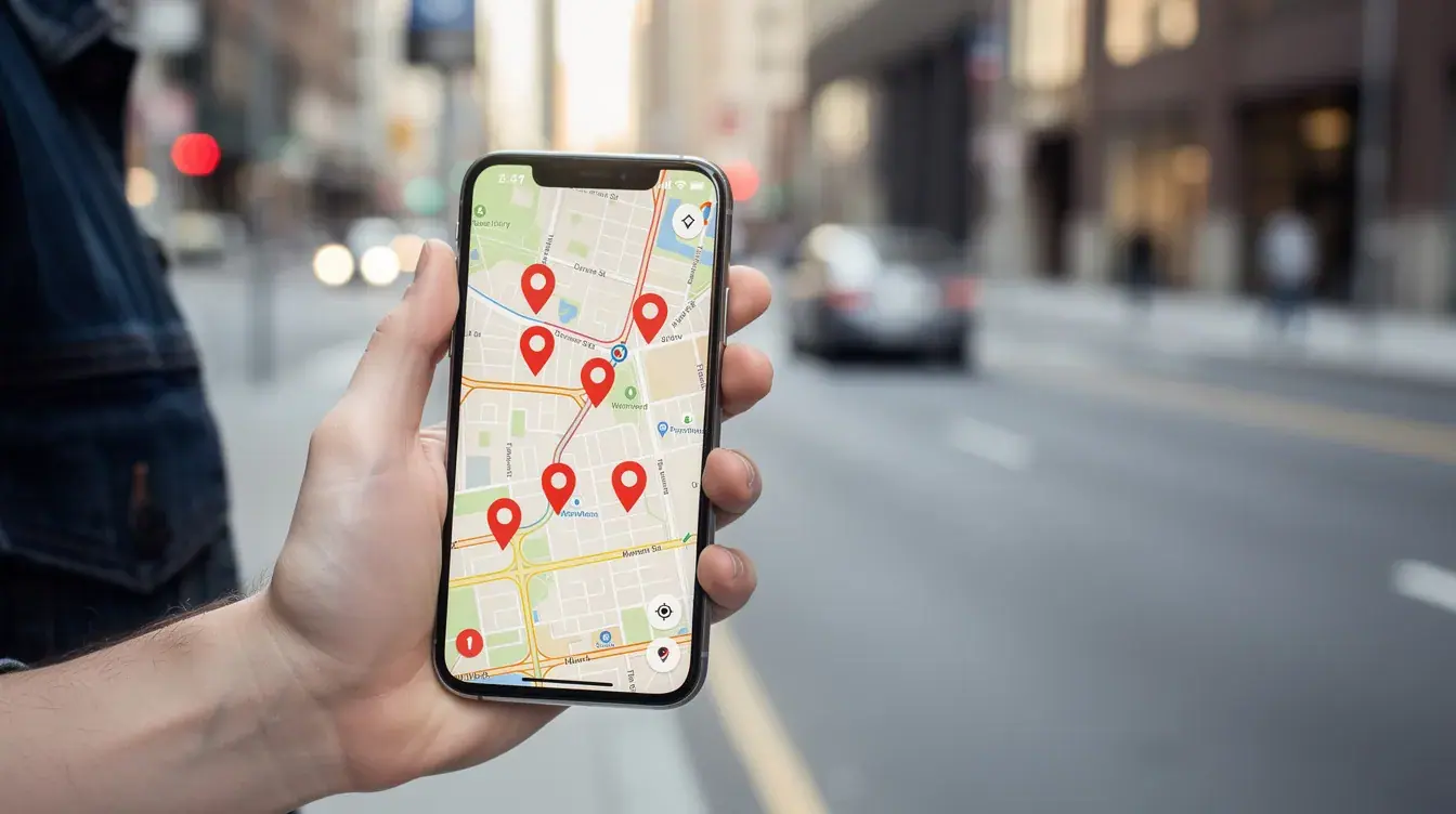 A person is holding a smartphone displaying a detailed map of a city, marked with location pins that indicate various local businesses. This image highlights the importance of local SEO strategies for enhancing online visibility and attracting potential customers in Johor Bahru.