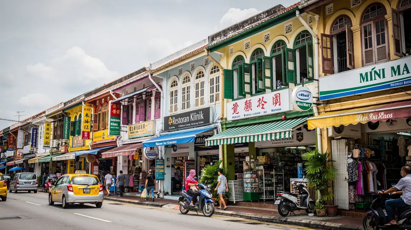 The image depicts a bustling street in Johor Bahru, showcasing vibrant shophouses and various local businesses. The scene highlights the importance of local SEO strategies for enhancing online visibility and attracting potential customers in the area.