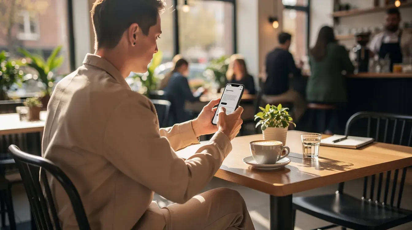 A person is sitting in a modern cafe with natural lighting, browsing a responsive website on their smartphone. The scene highlights the importance of mobile-friendly design, showcasing how web pages render effectively on small screens for mobile users.