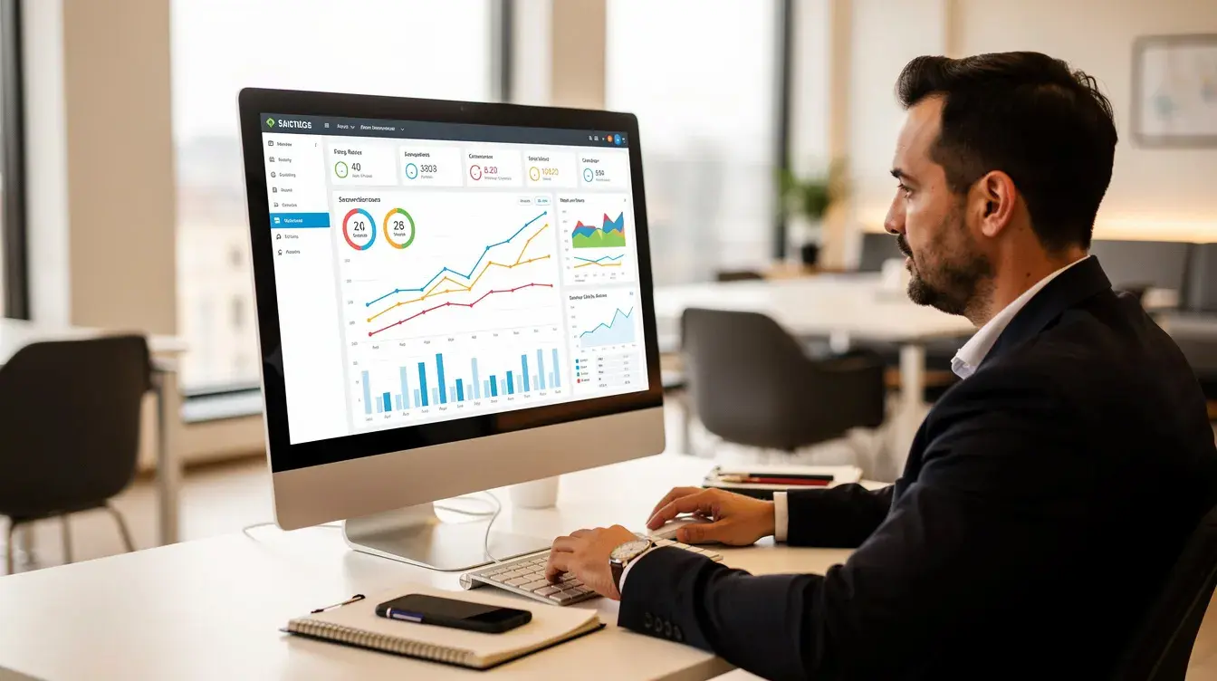 A business owner is sitting at a desk in an office, intently reviewing analytics data displayed on a computer screen, which likely includes insights on local SEO and search engine rankings to enhance online visibility for their Johor Bahru business. The scene emphasizes the importance of SEO strategies and analytics in driving business growth and attracting potential customers.