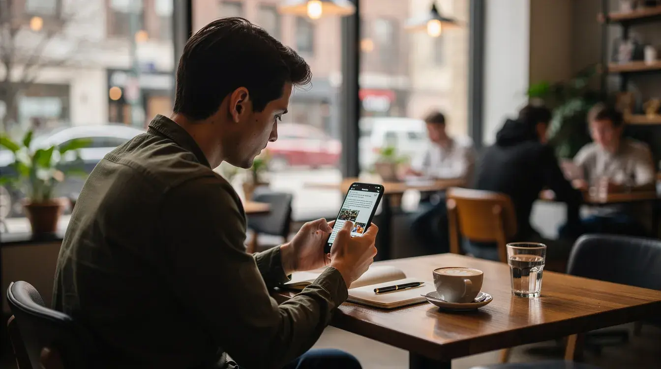 A person is sitting at a cafe, scrolling through news articles on their smartphone, exploring fresh content and top stories from various trusted sources. The scene captures the intersection of technology and daily life, highlighting how users engage with news through search engines and preferred sources feature.